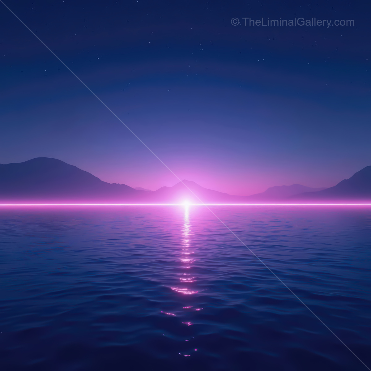 Vibrant synthwave ocean at twilight reflecting purple hues across serene waters