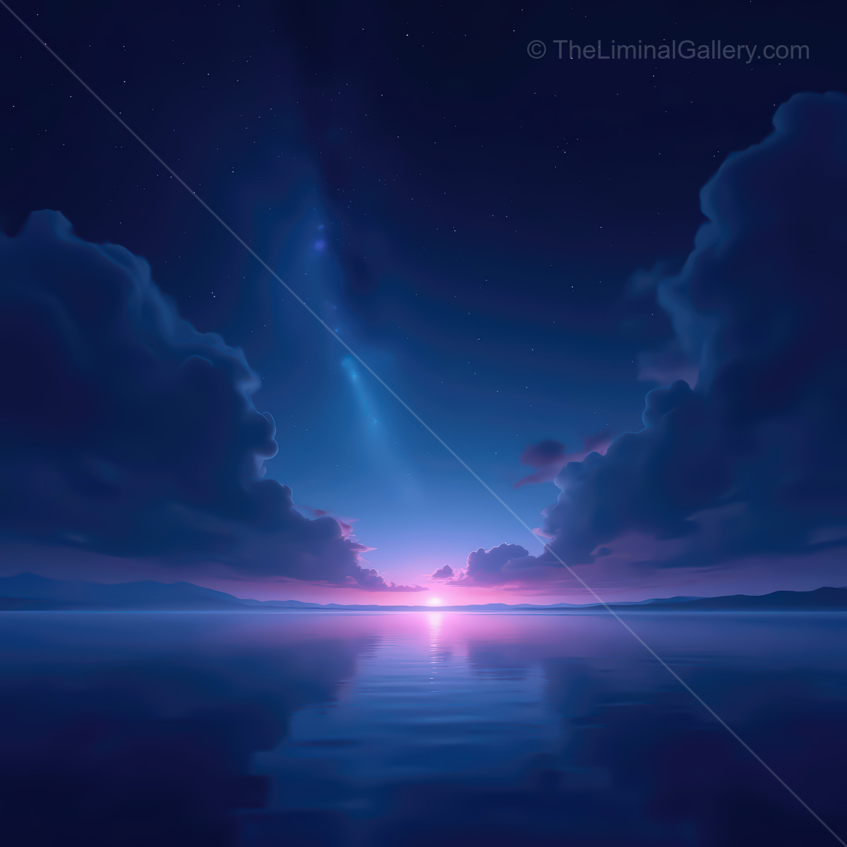 Vibrant synthwave ocean at twilight casting enchanting reflections on tranquil waters