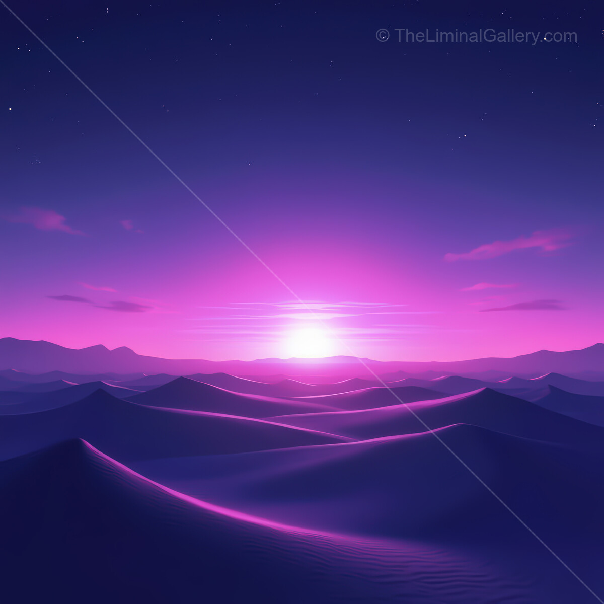 Vibrant synthwave sunset over endless desert dunes with a breathtaking purple sky
