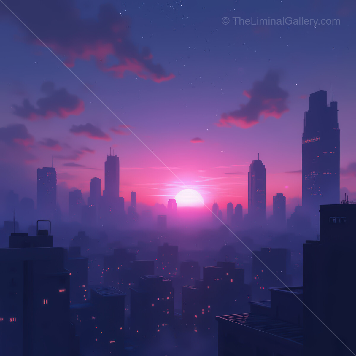 Vibrant sunset over a synthwave city skyline with glowing lights and silhouettes