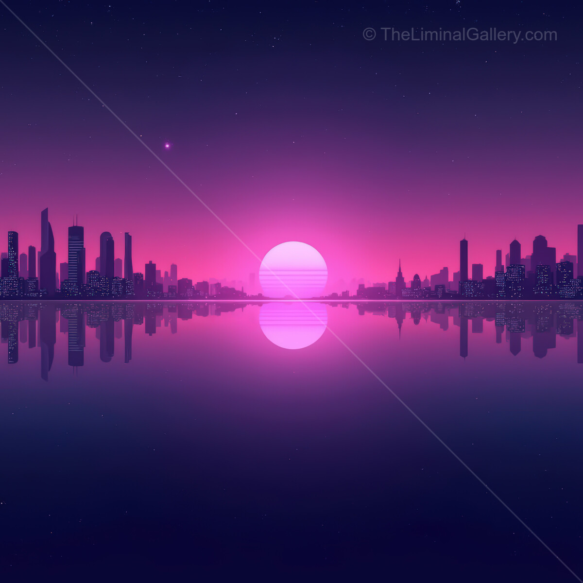 Vibrant sunset over a synthwave cityscape reflecting in tranquil waters