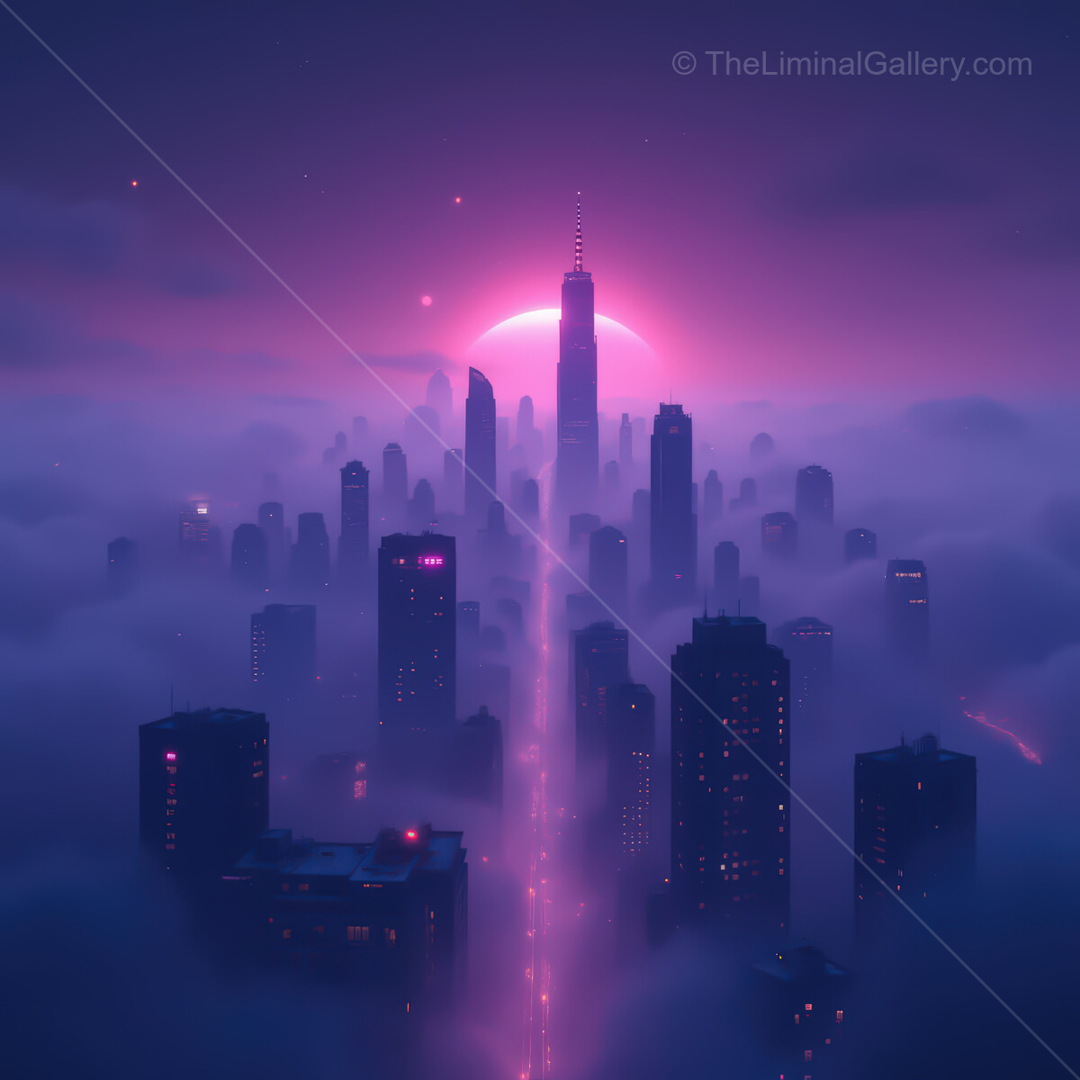 Vibrant synthwave cityscape glowing under purple nightfall with skyscrapers shrouded in mist and illuminated streets