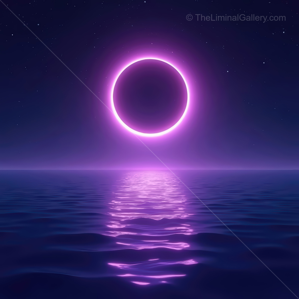 Embracing twilight in a synthwave ocean beneath a glowing purple crescent moon