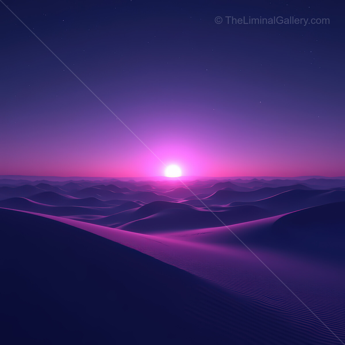 Vibrant sunset over synthwave desert, casting vivid hues across endless rolling dunes and an expansive cosmic sky
