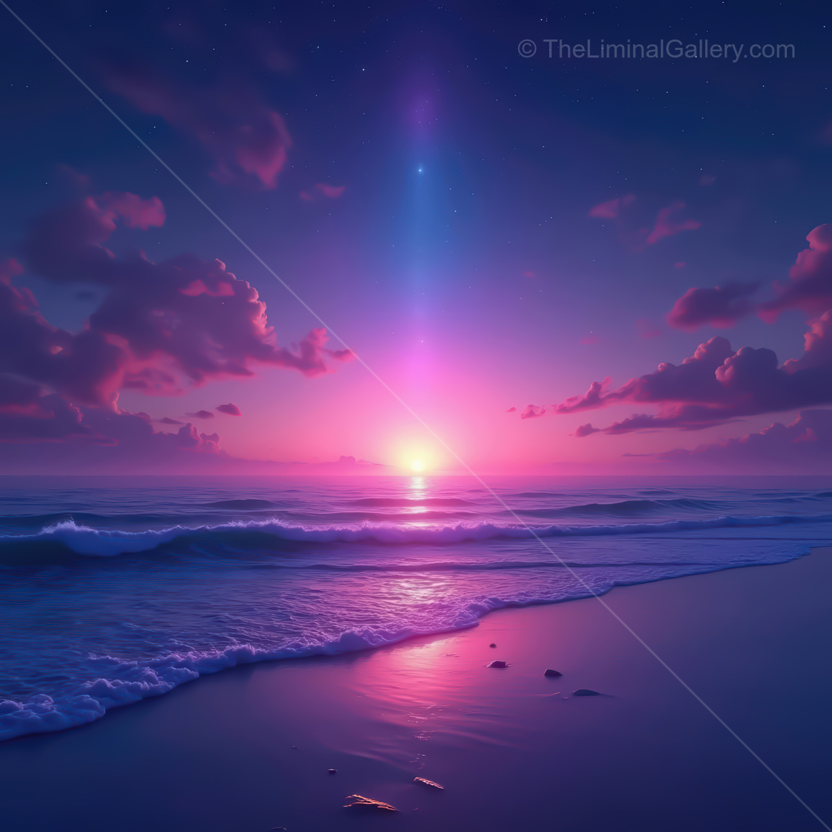 Vibrant synthwave ocean sunset casting neon reflections on gentle waves