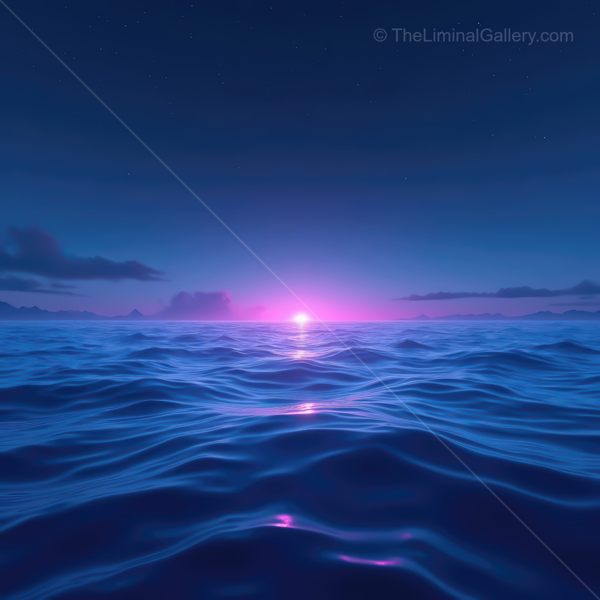 Vibrant synthwave ocean at dusk illuminated by a radiant sun on the horizon