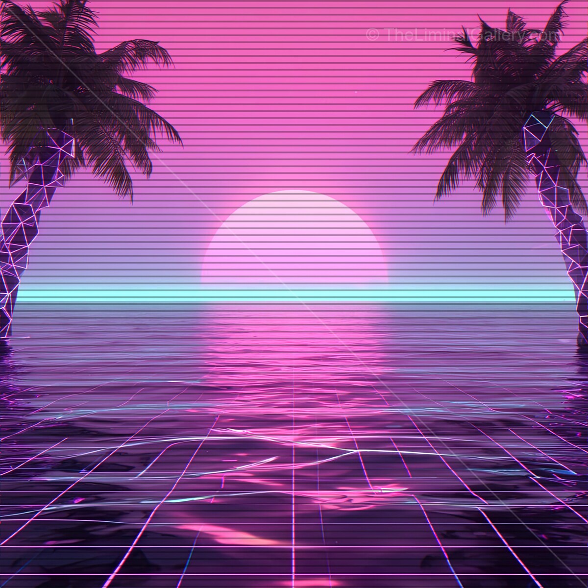 Radiant sunset by the beach with neon palm trees and synthwave vibes