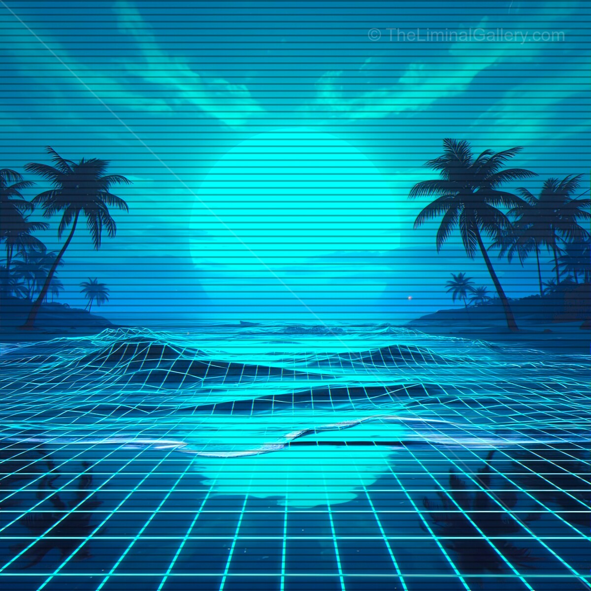 Escape to a vibrant synthwave horizon with VHS lines reflecting off tranquil waters and palm silhouettes at dusk