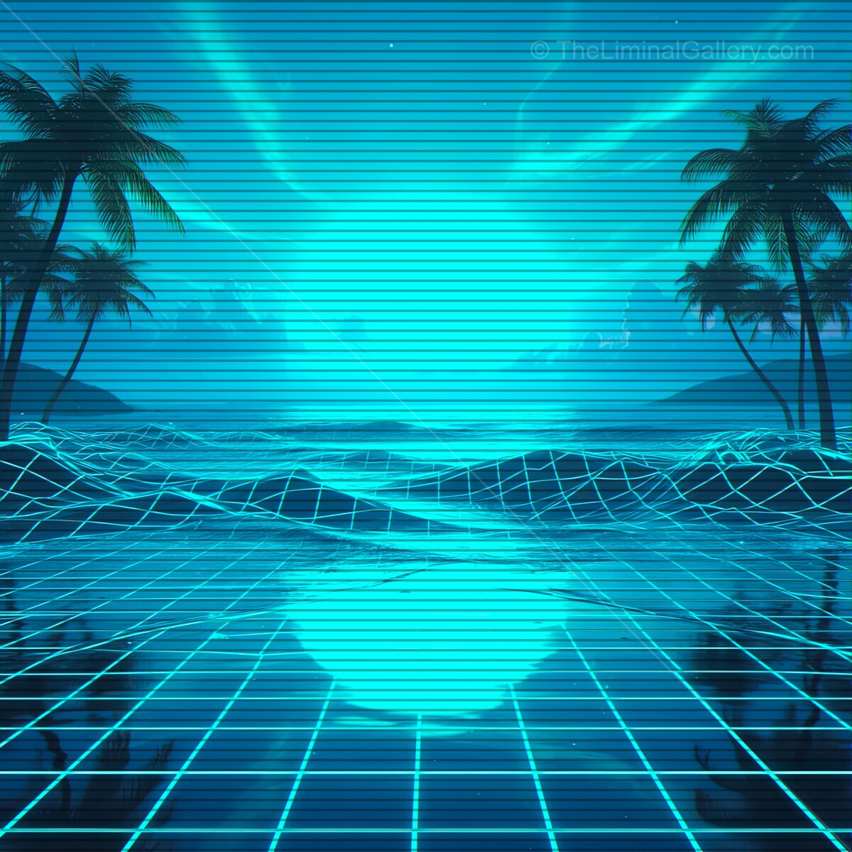 Vibrant synthesis of retro futurism with palm trees and a glowing horizon at sunset