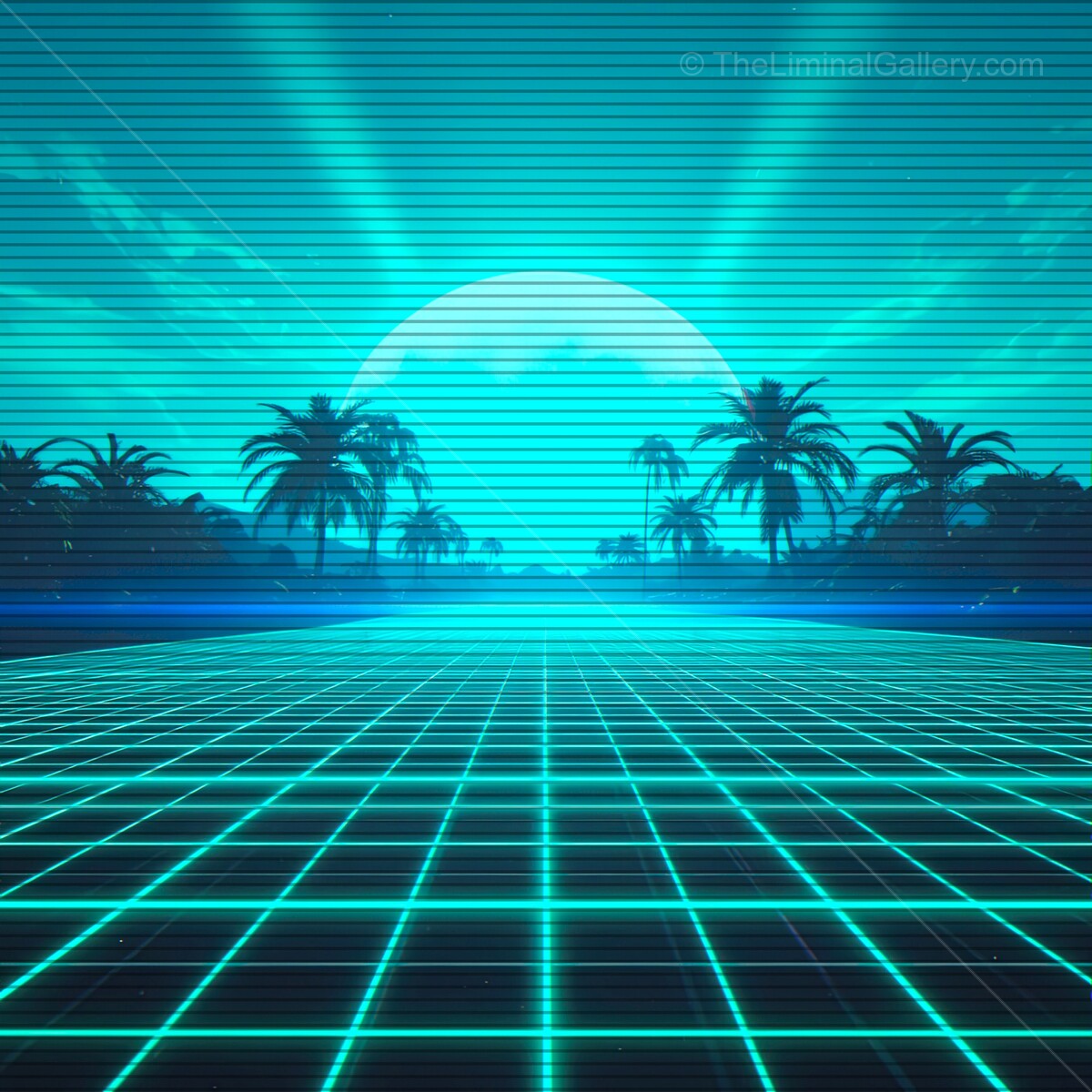 Vibrant synthwave landscape with a glowing horizon and retro VHS vibes