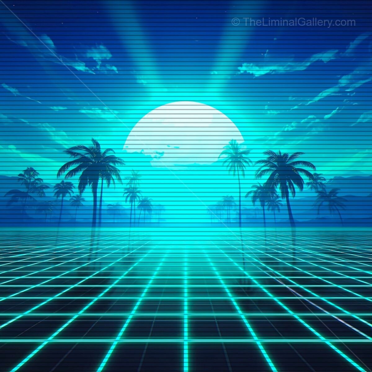 Vibrant synthwave horizon with neon palm trees and VHS lines under a glowing moon