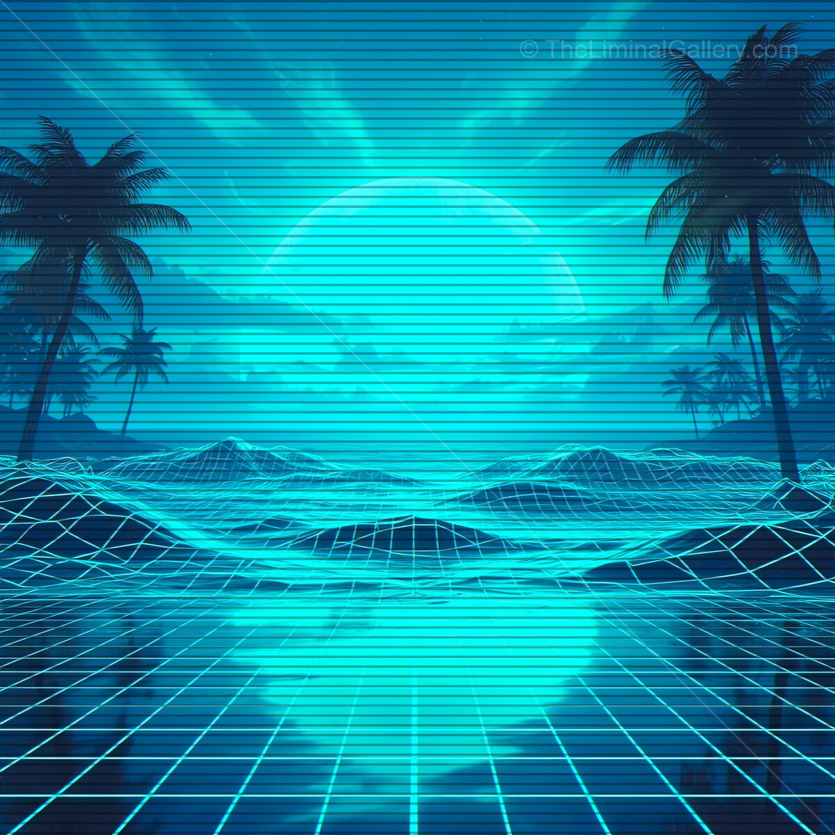 Bright blue horizons with palm trees and retro grid patterns showcase a vibrant synthwave landscape at sunset