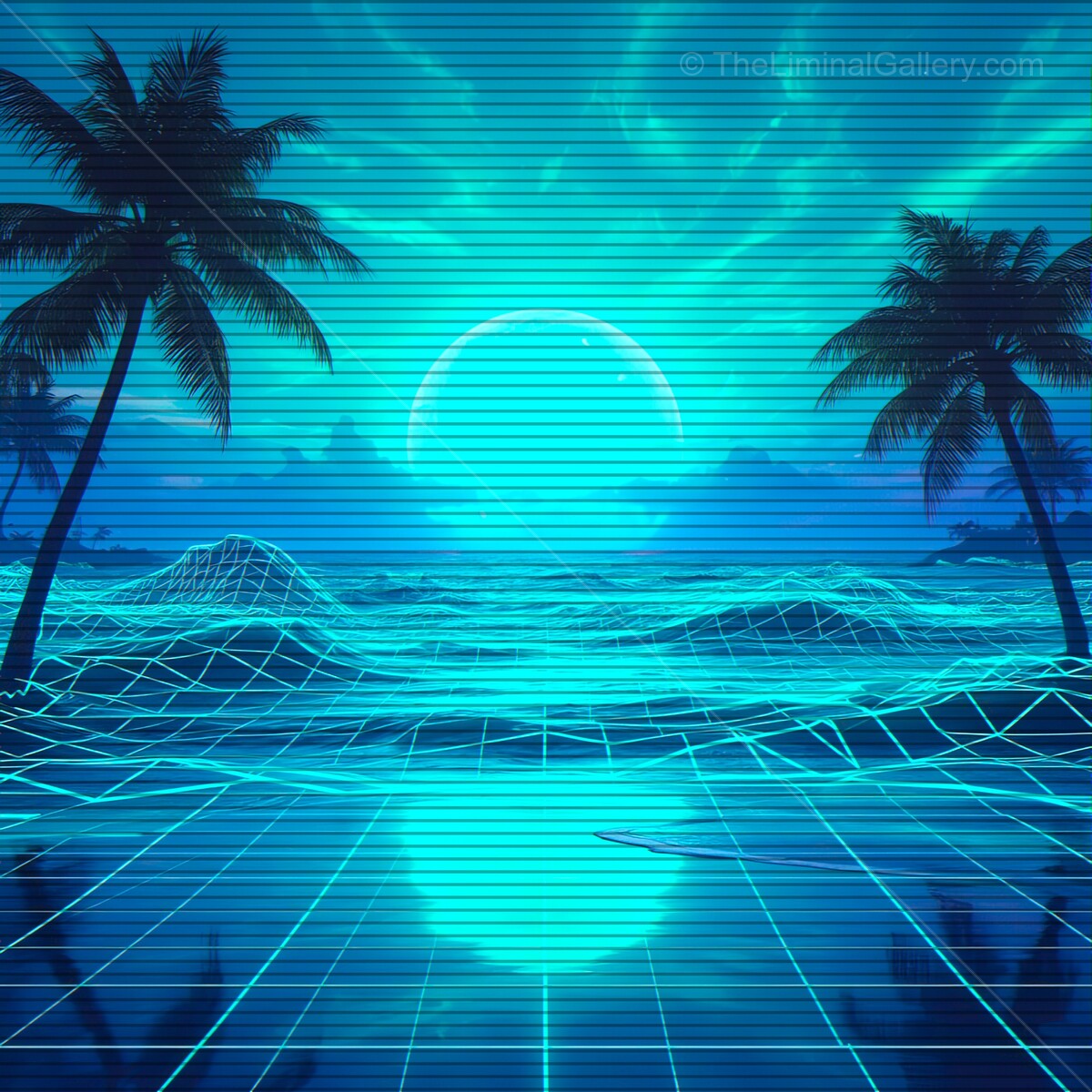 Vibrant synthwave sunset over ocean waves with neon grid and palm trees