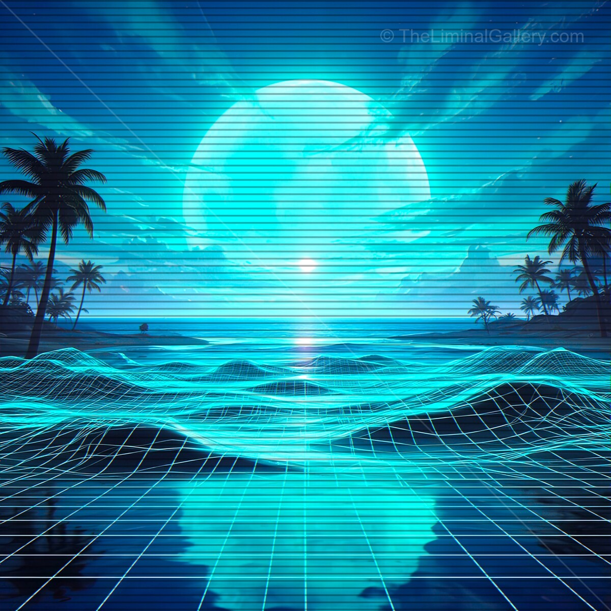 Captivating synthwave sunset over a vibrant ocean with retro VHS lines and lush palm trees