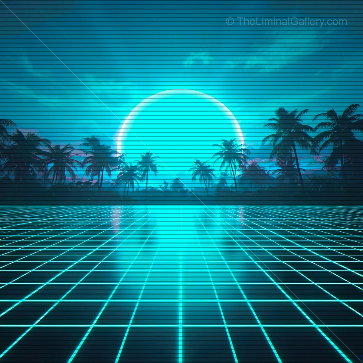 Experience a vibrant sunset over a neon landscape with palm trees and retro grid art