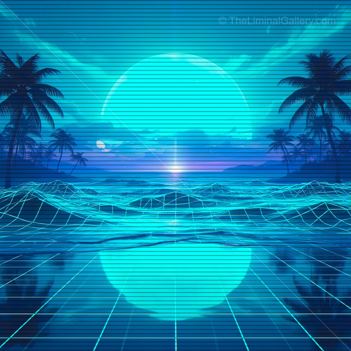 Vibrant synthwave horizon with retro VHS lines and tropical scenery at sunset by the ocean