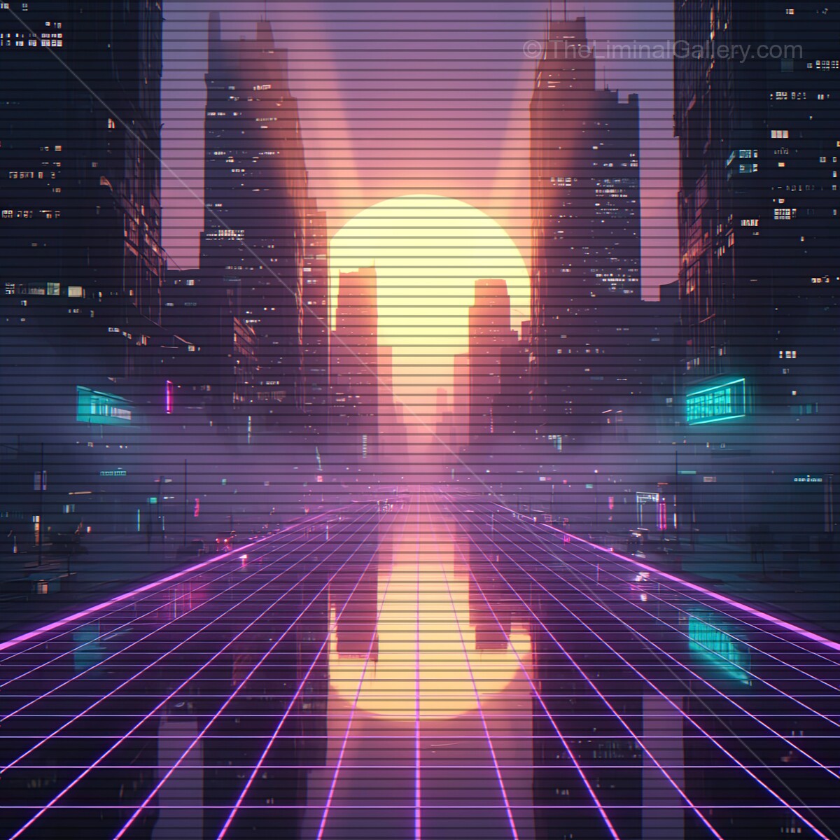 Vibrant retro cityscape at sunset with synthwave influences and nostalgic VHS lines