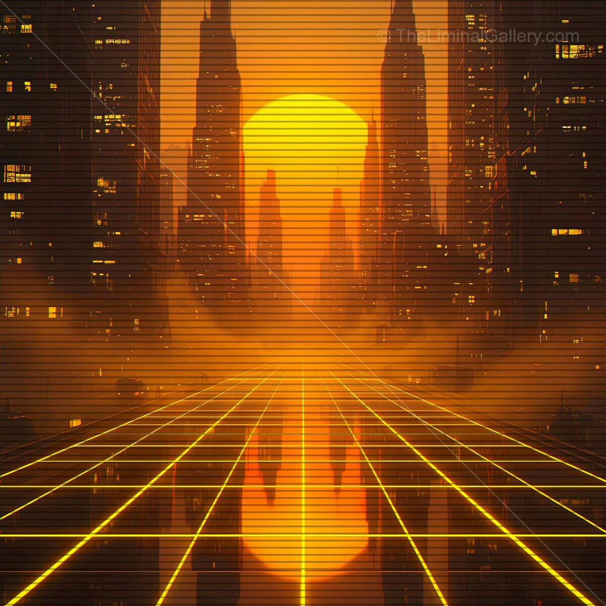 Sunset over a futuristic cityscape with synthwave vibes and vibrant VHS lines creating a nostalgic atmosphere