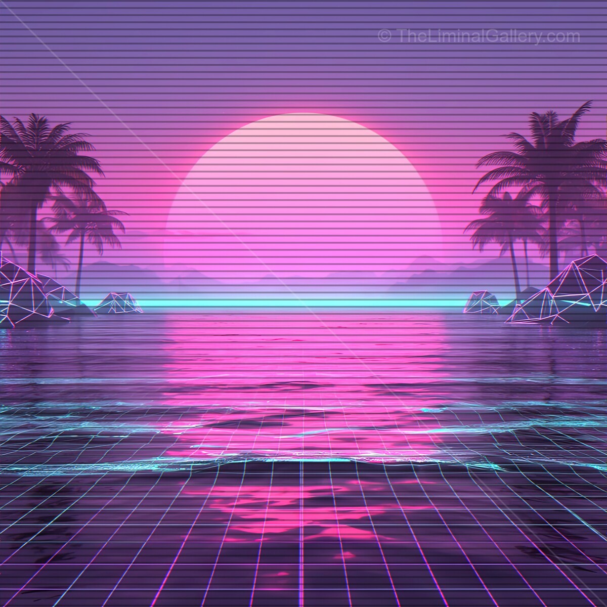 Vibrant synthwave horizon with palm trees and VHS aesthetics at dusk over a tranquil ocean