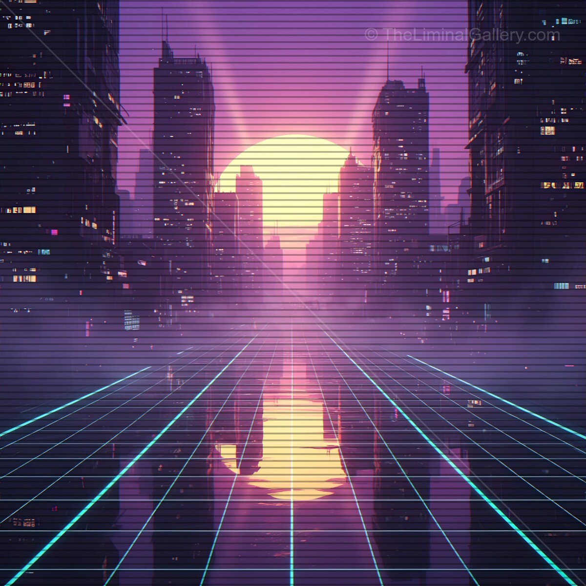 Sunset glow over futuristic city with synthwave vibes and VHS lines creating a dreamlike atmosphere