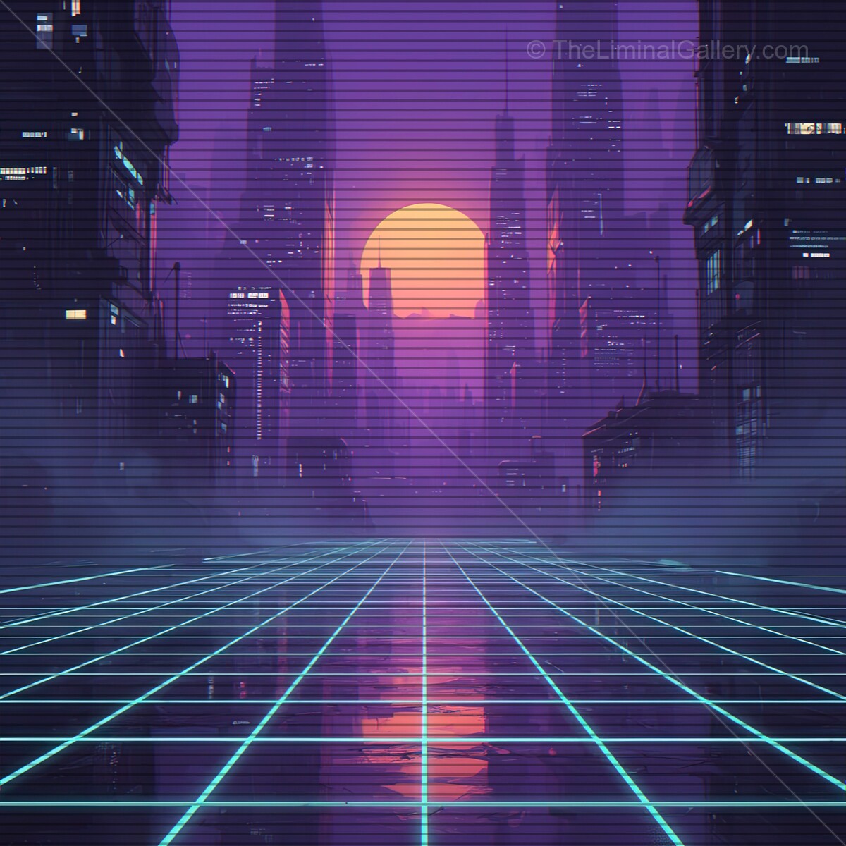 Vibrant sunset glows over a futuristic cityscape with synthwave aesthetic and VHS-inspired visuals