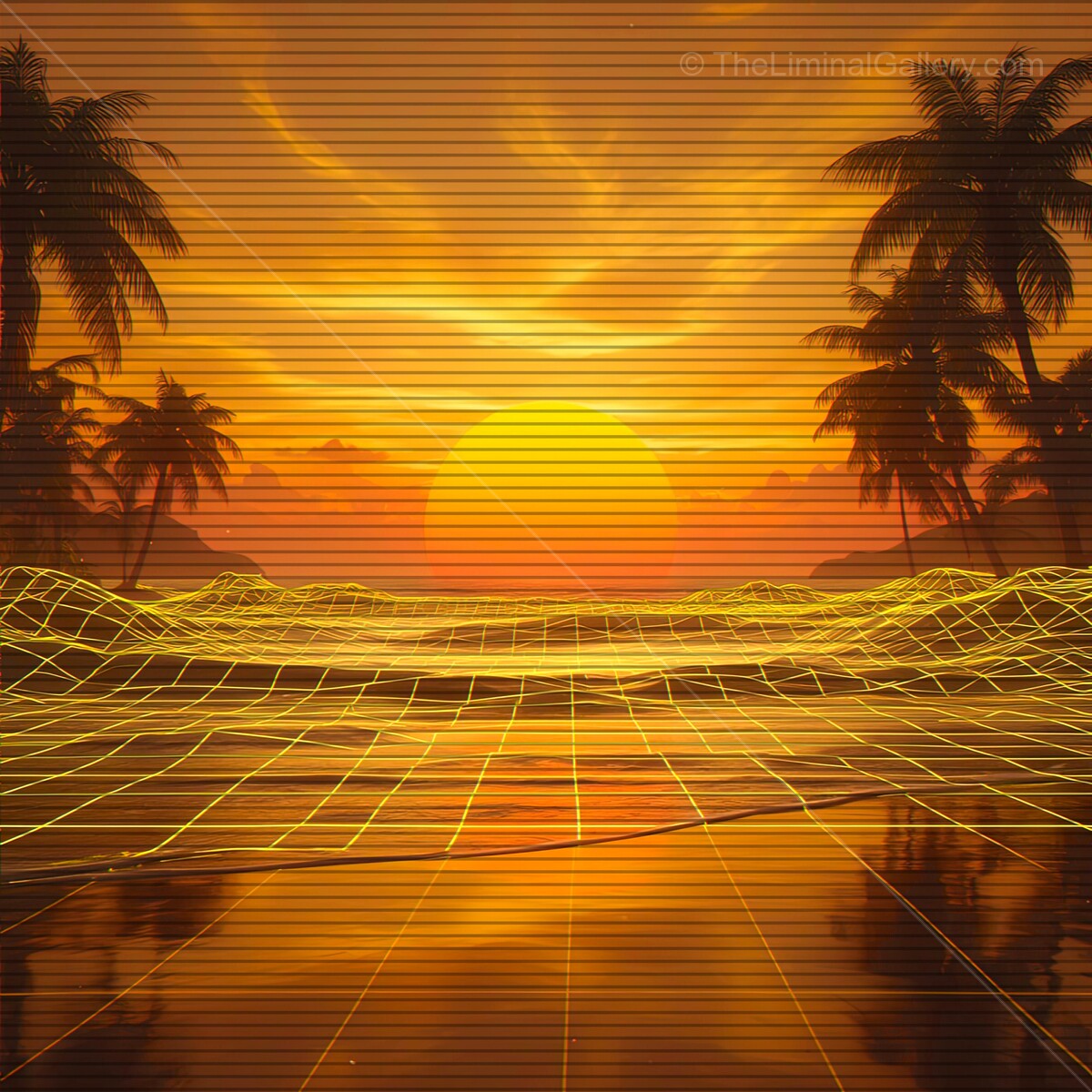 Bright horizon filled with neon colors and retro synthwave vibes during sunset at a tropical beach