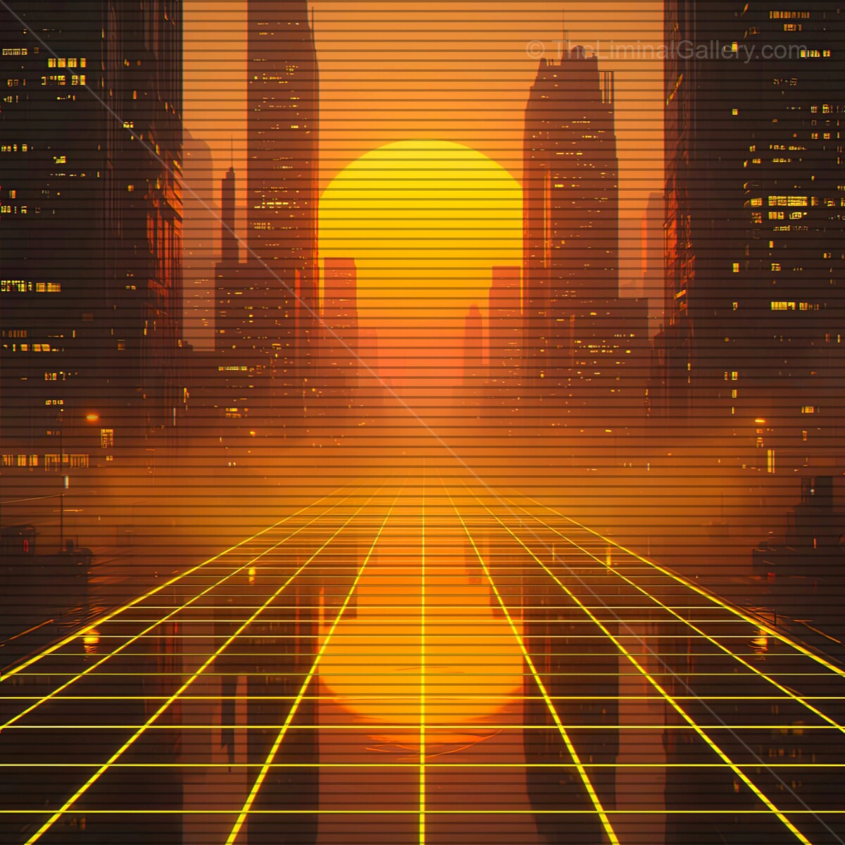Retro futuristic sunset over a neon city skyline with hazy horizons and vibrant grid patterns