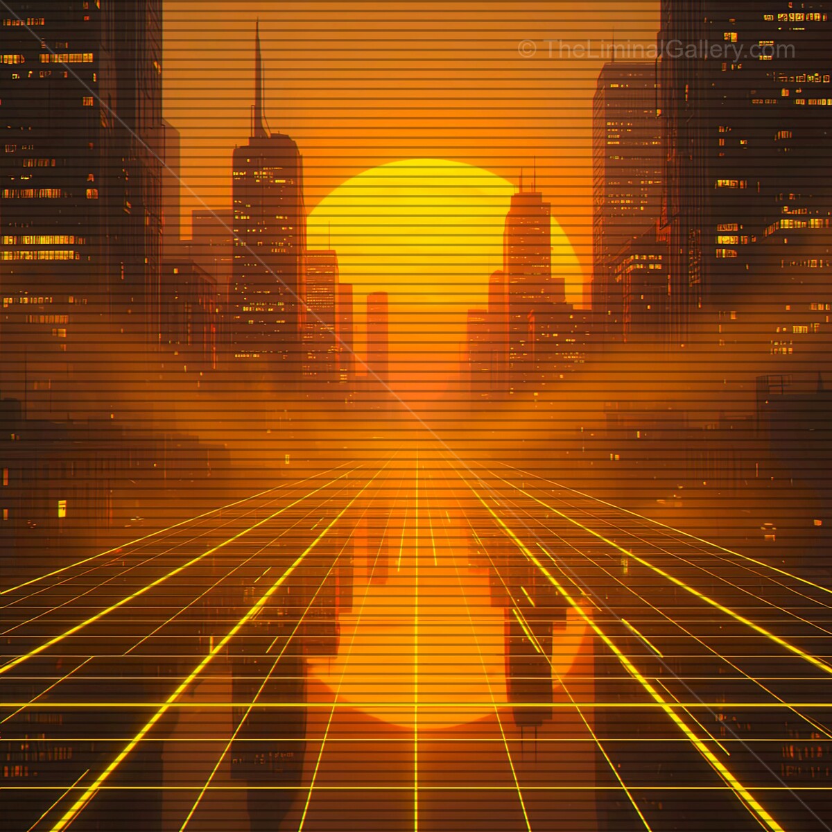 Vivid sunset across a retro city skyline with glowing grid and vibrant synthwave aesthetic