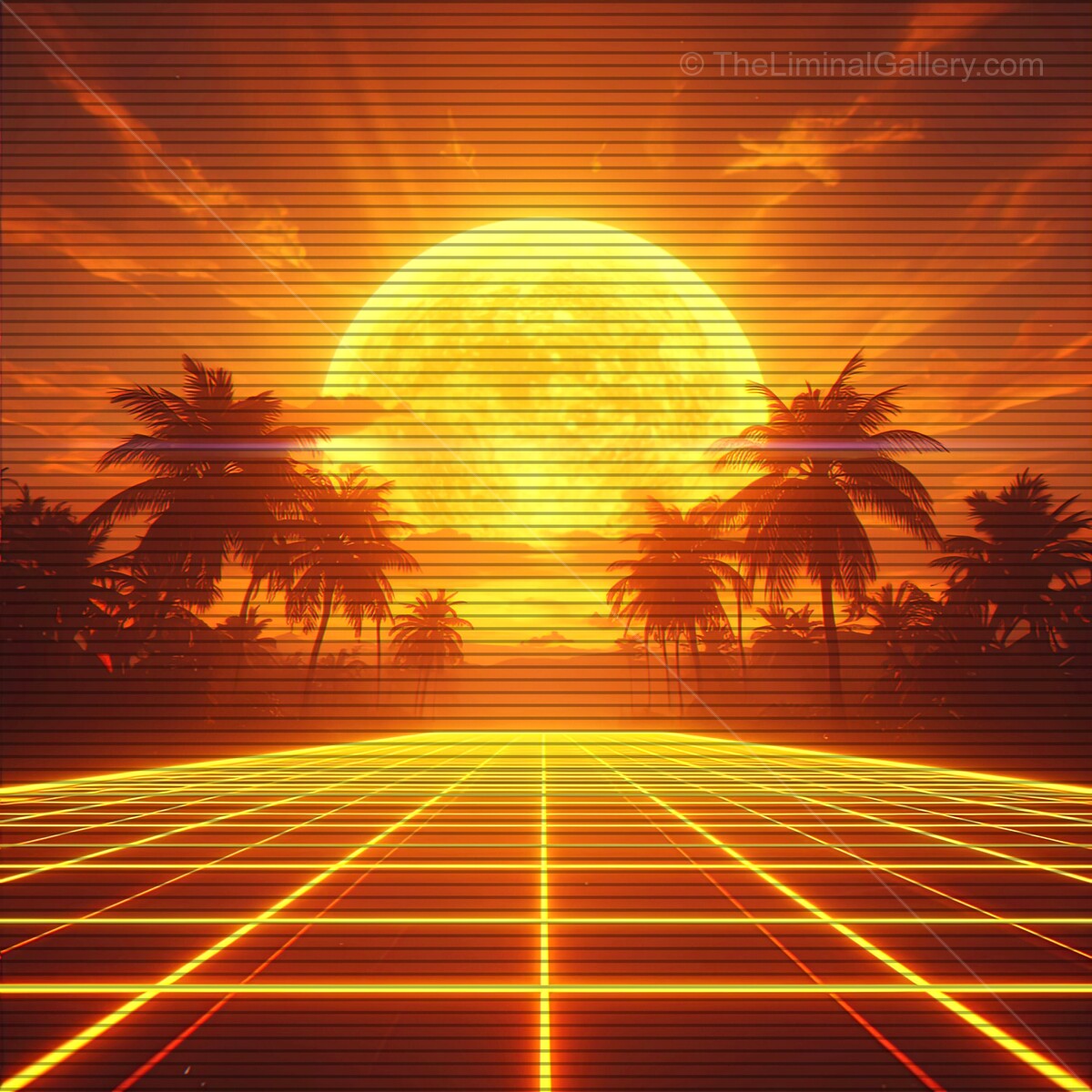 Vibrant sunset over a retro grid landscape with palm trees in a synthwave aesthetic