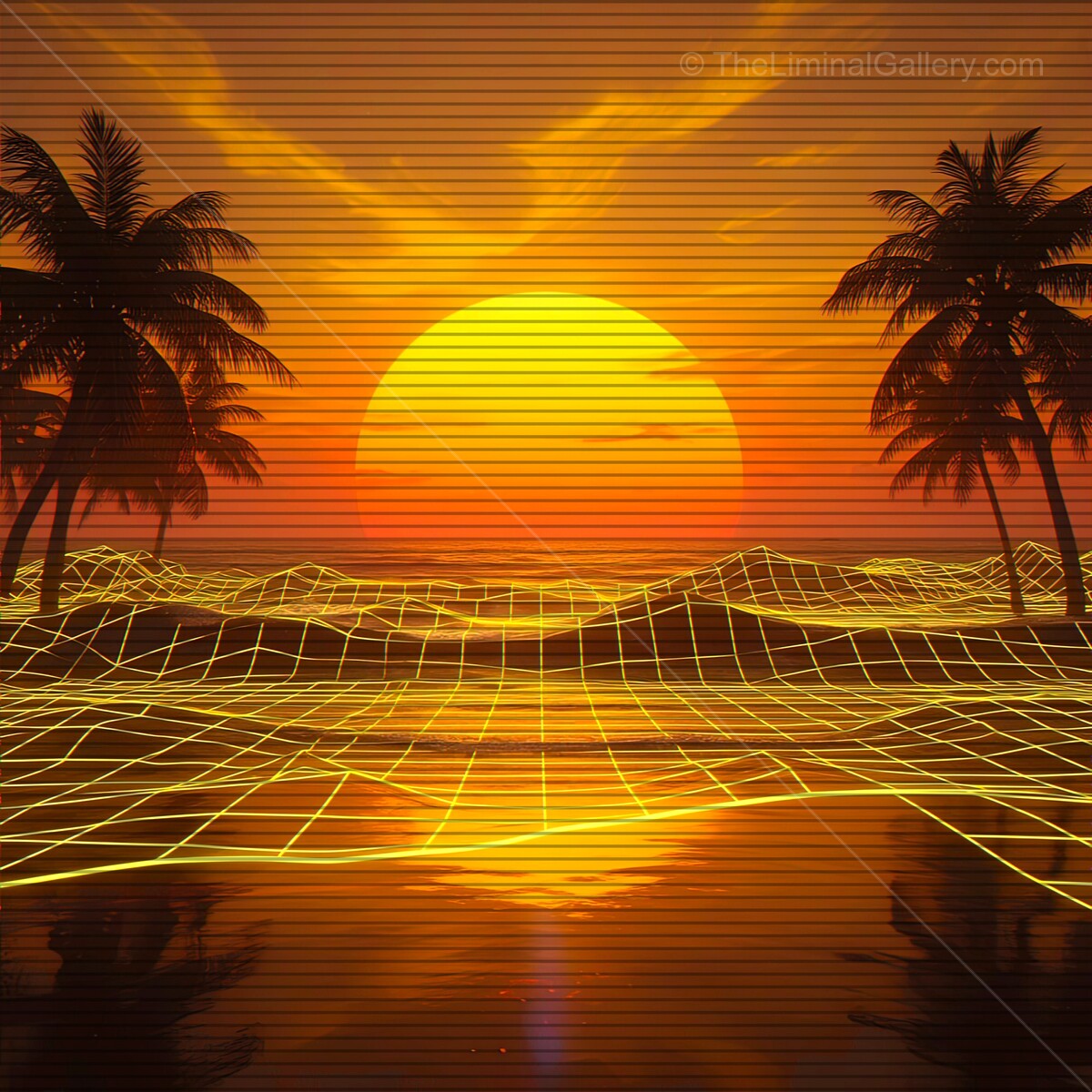 Breathtaking synthwave sunset with palm trees and vibrant colors shining across the ocean waves