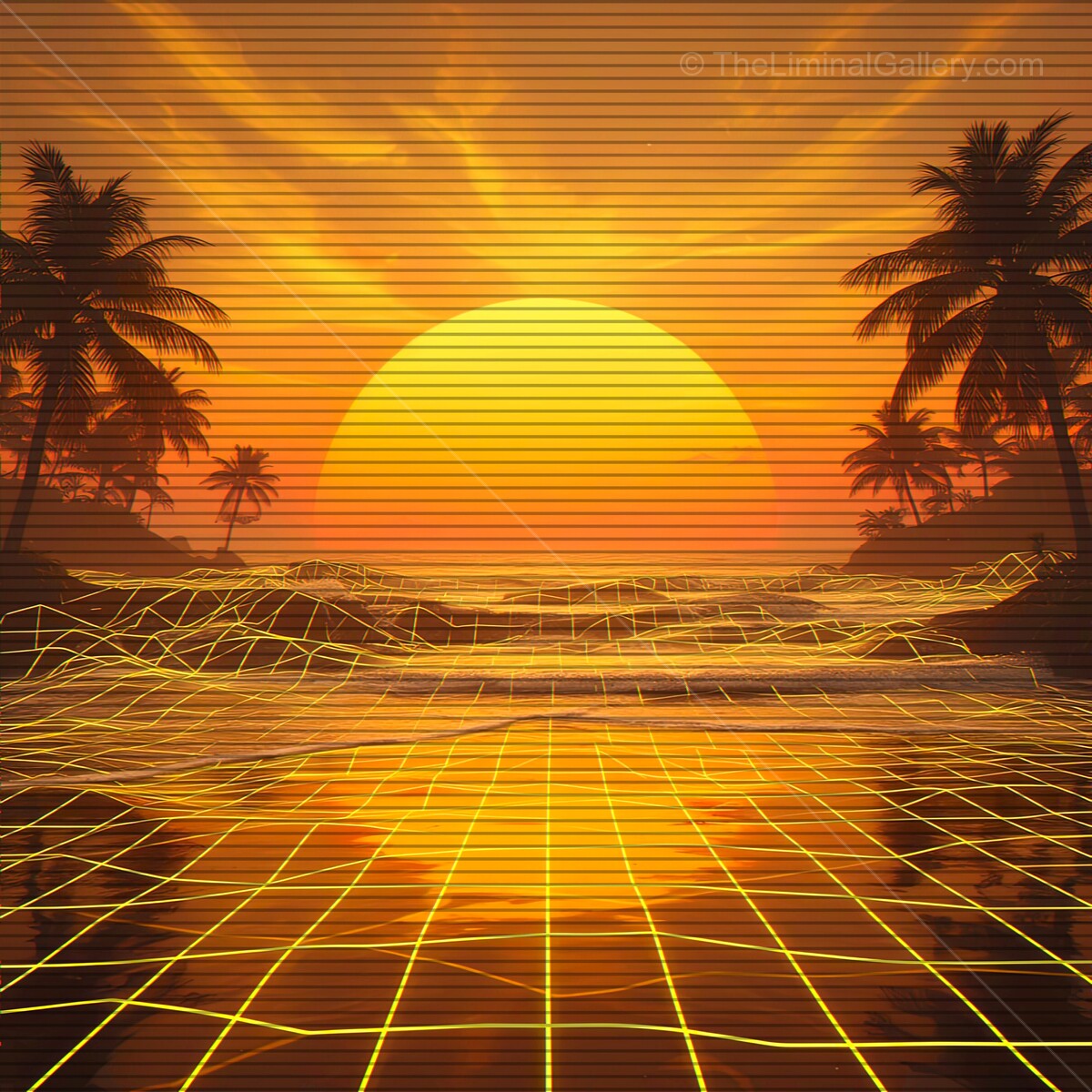 Vivid sunset over an ocean horizon with retro synthwave VHS aesthetics and neon geometric patterns