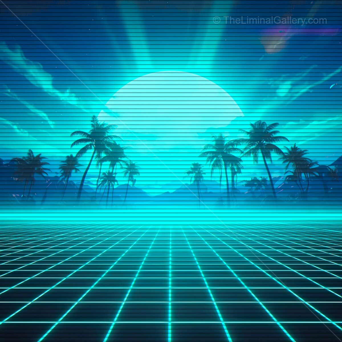 Vibrant synthwave horizon with glowing lines and palm trees under a mesmerizing retro sun
