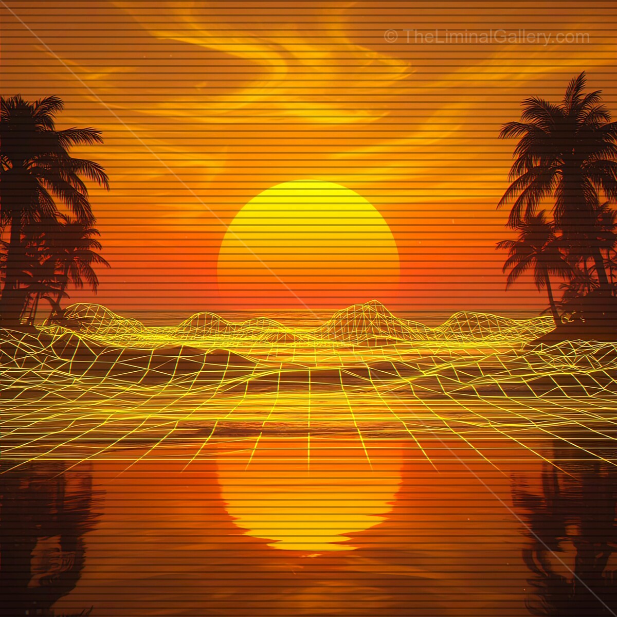 Vibrant synthwave landscape with golden sunset and retro VHS lines in a surreal horizon