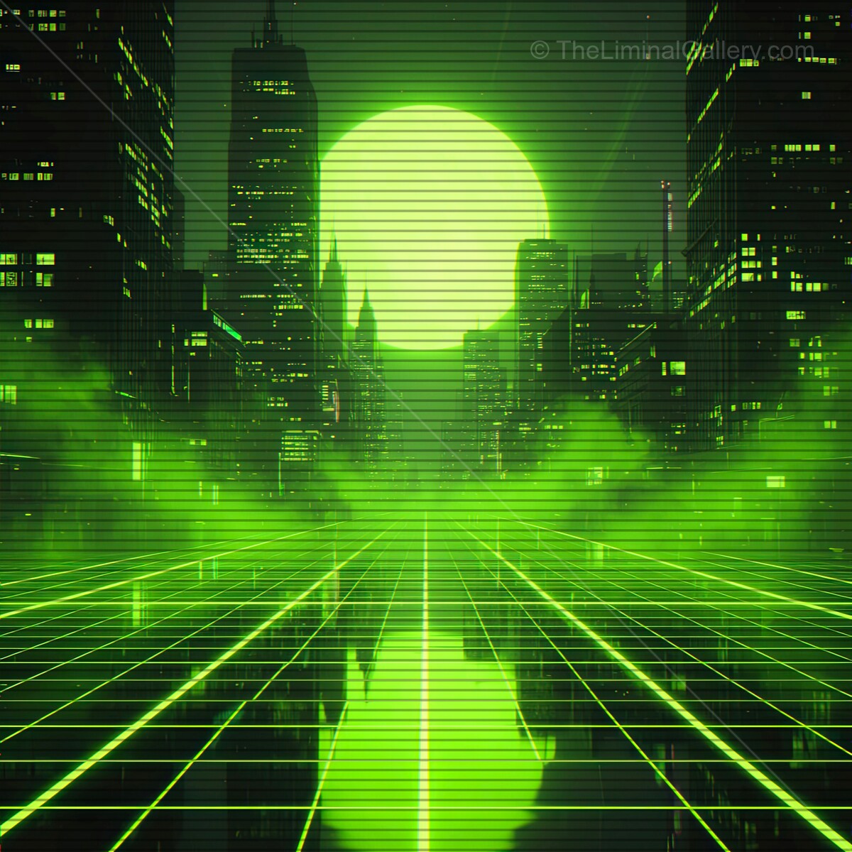 Vibrant synthwave cityscape with glowing green horizon and retro VHS lines on a digital grid