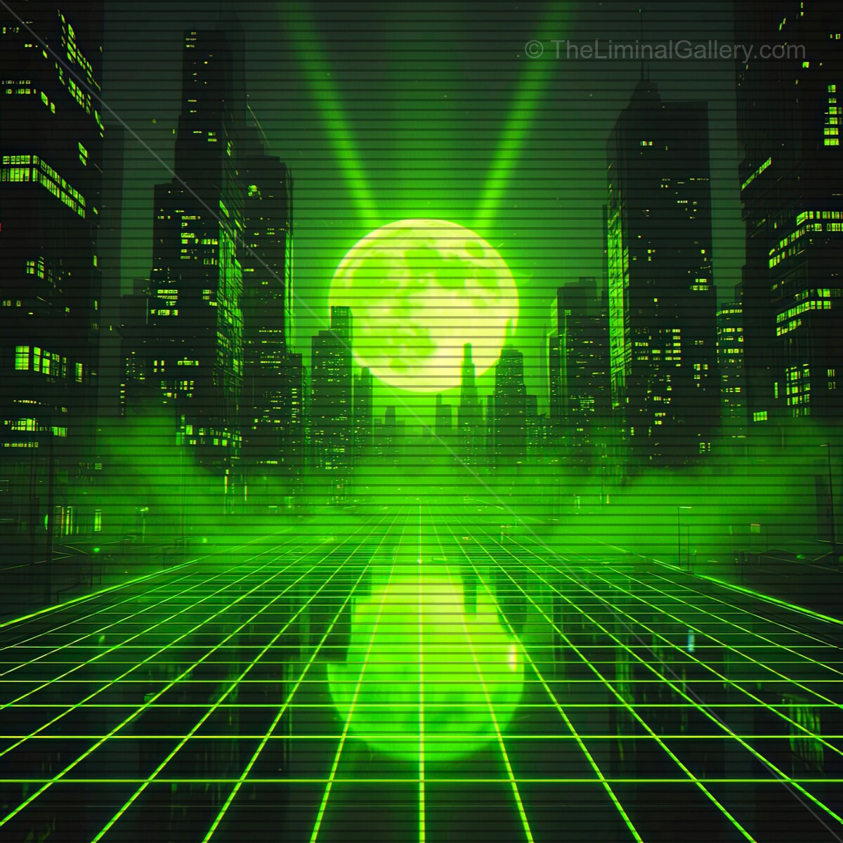 Vibrant neon skyline glows under green moonlight in a futuristic cityscape with synthwave aesthetics and VHS lines