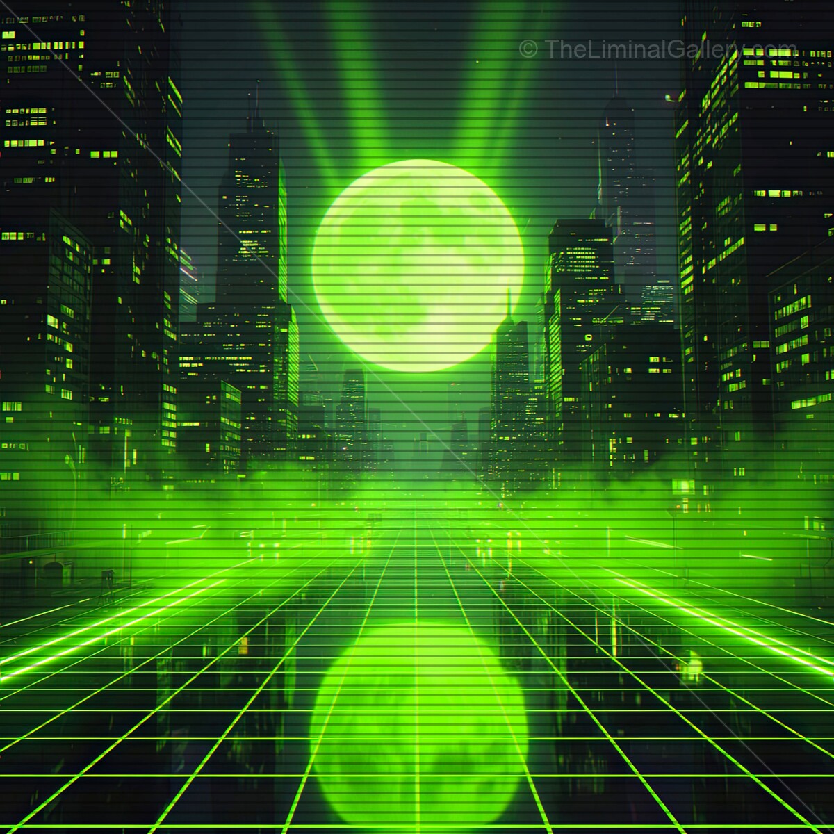 Explore vibrant synthwave horizons with glowing green moon and VHS lines in a futuristic cityscape