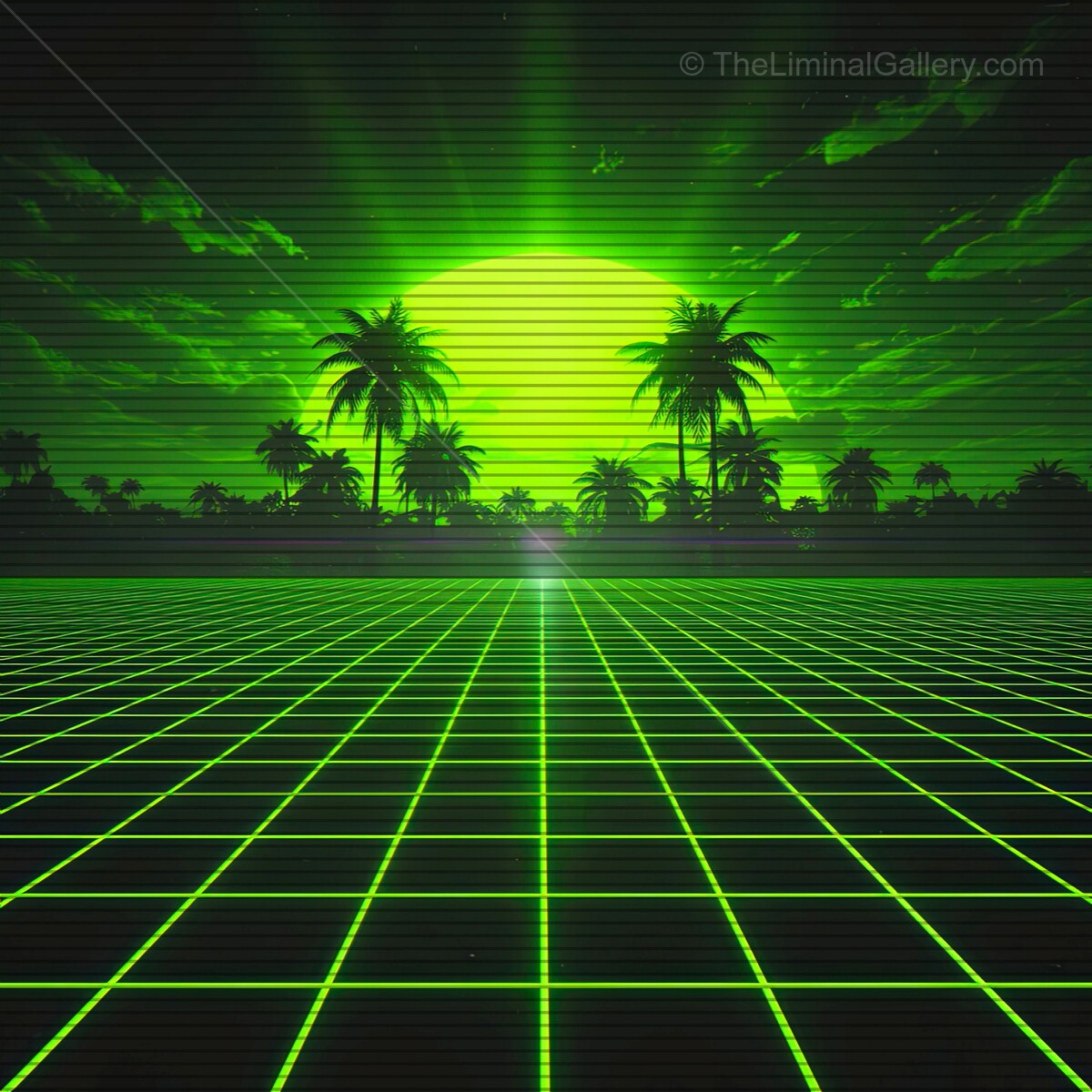 Vibrant green horizon with palm trees evoking a retro synthwave vibe bathed in VHS lines and glowing grids