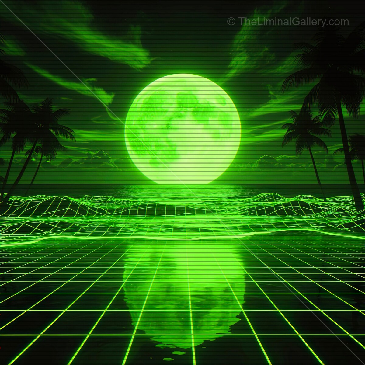 Exploring a neon world of outrun horizon under a glowing moon with synthwave vibes and VHS patterns creating a surreal landscape