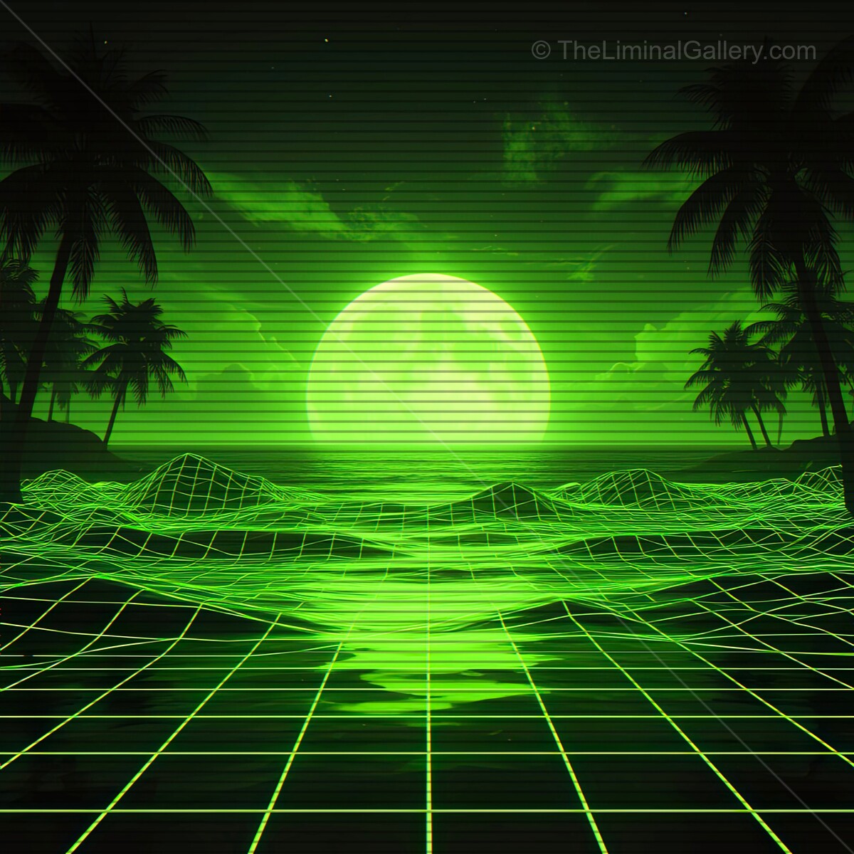 Lush green waves rolling under a glowing synthwave moon in a retro-futuristic paradise setting