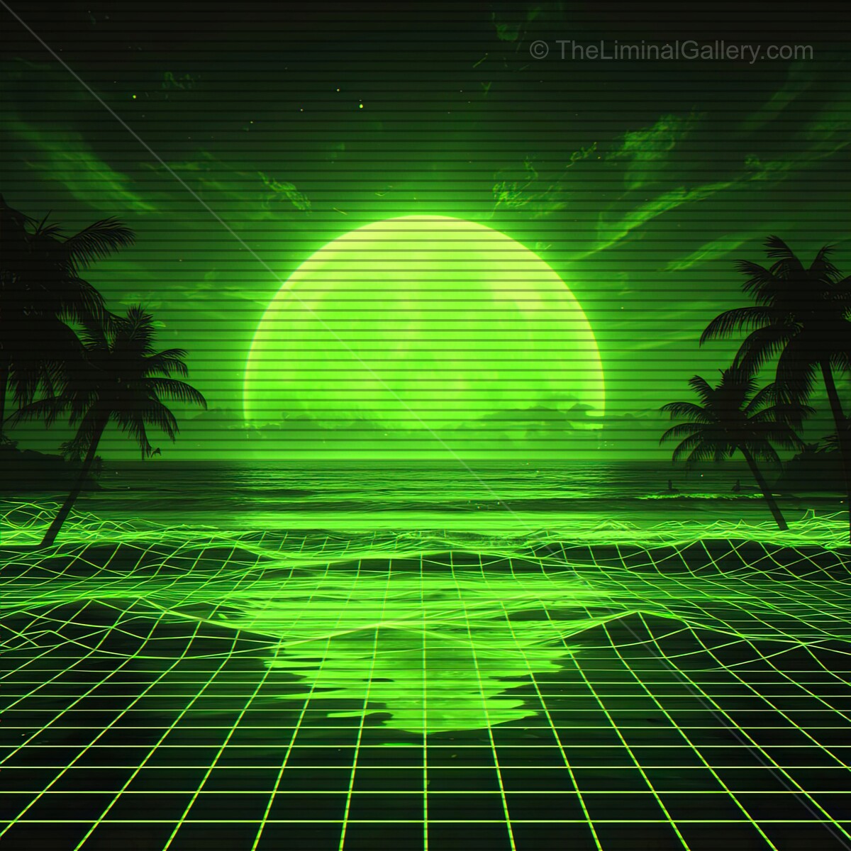 Vibrant green moonlight reflects on a tranquil ocean with retro synthwave vibes and VHS lines, surrounded by tropical palms