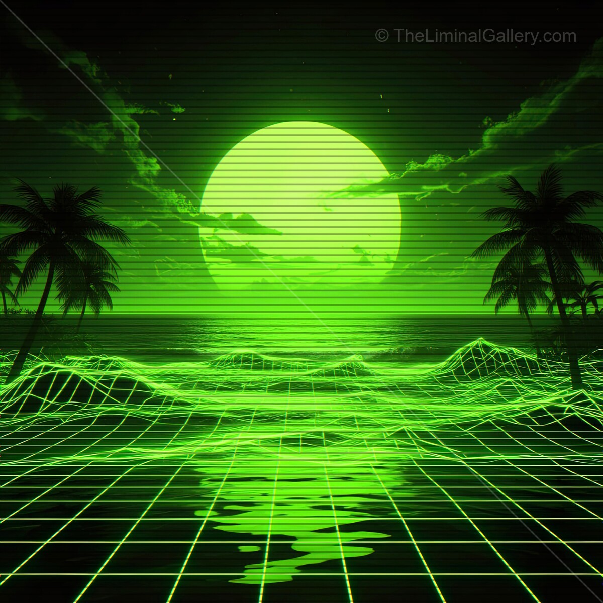 Synthwave dreamscape with glowing moon and vibrant grid ocean under a starry sky