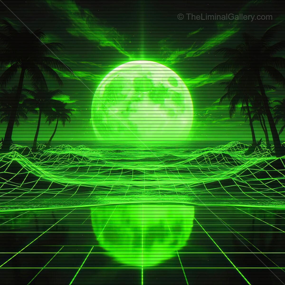 Vibrant retro landscape with neon moon and synthwave aesthetics under a starlit sky at dusk