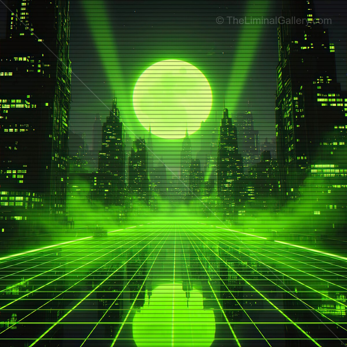 Neon skyline with radiant sun casting vibrant lights over a futuristic cityscape