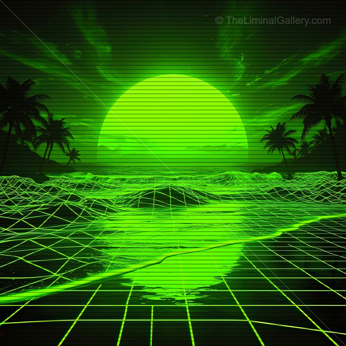 Vibrant synthwave horizon with neon sun and digital waves under a retro starry sky