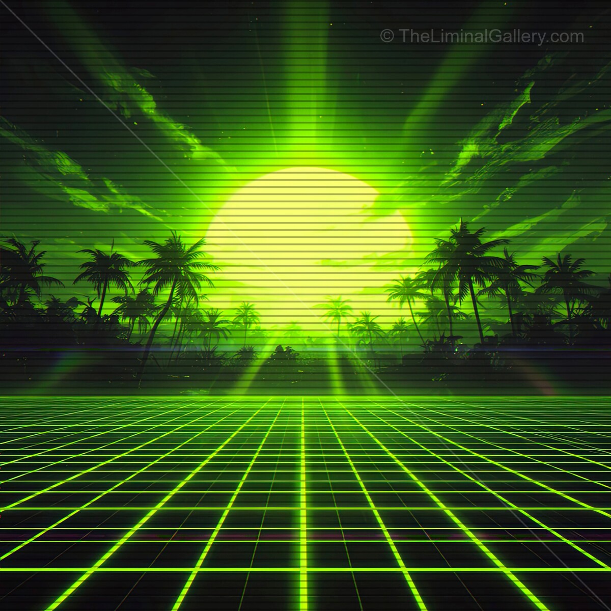 Vibrant synthwave horizon with glowing sun and nostalgic VHS lines over a tropical landscape