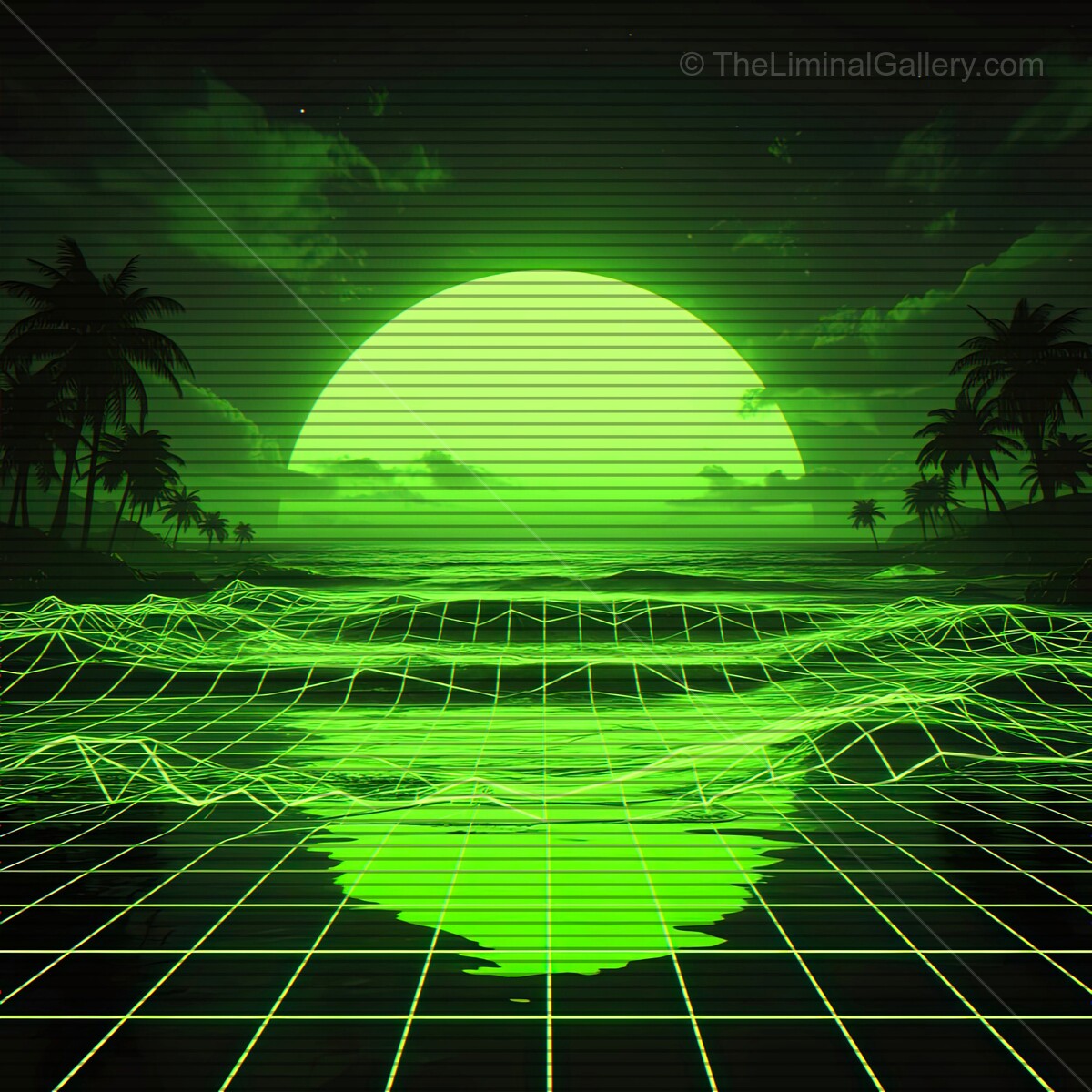 Vibrant synthwave horizon with neon green sun and ocean reflections under a starry sky
