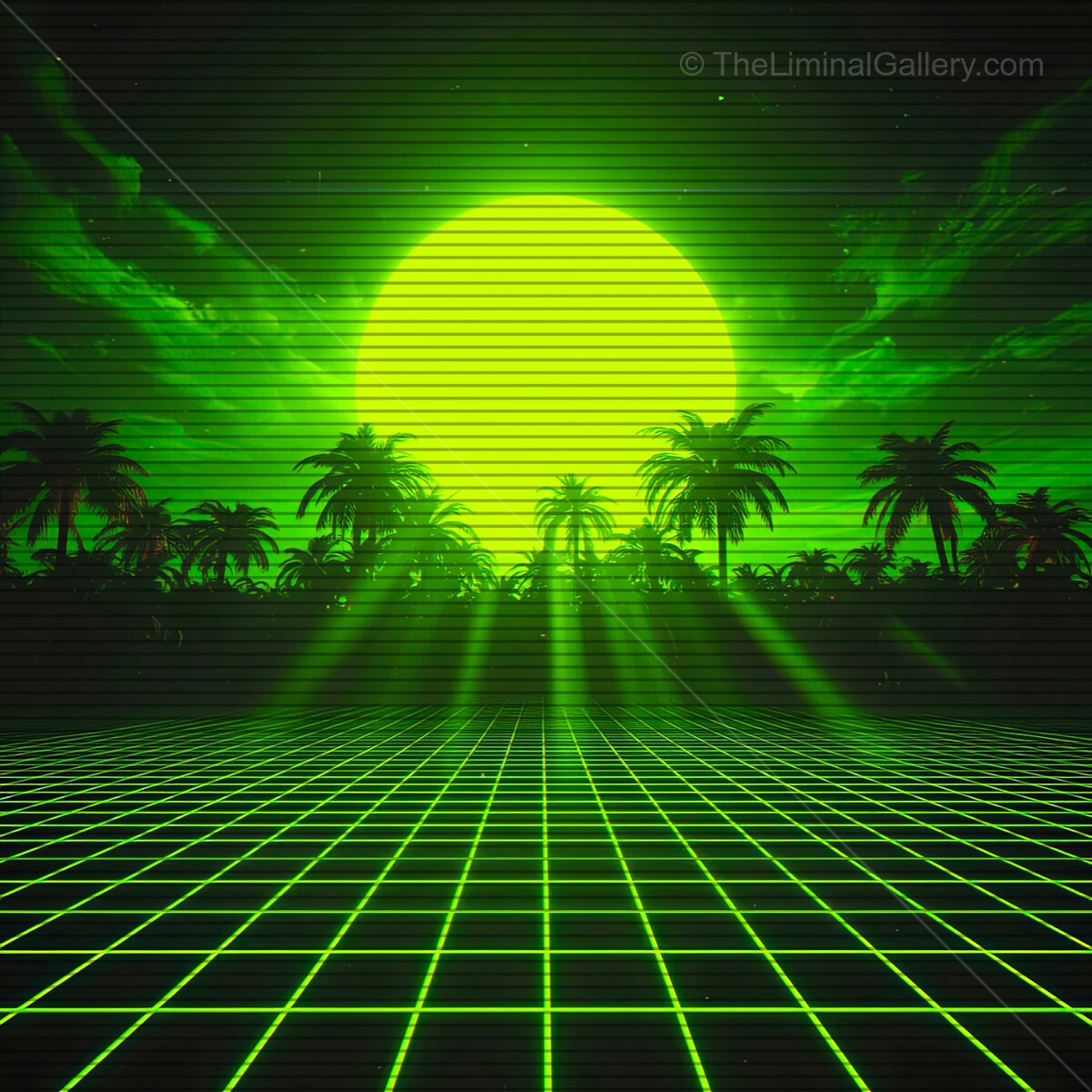 Vivid synthwave landscape with neon sun and palm trees under a dramatic horizon glow