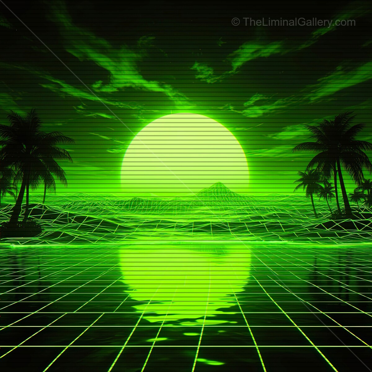 Visions of a neon sunset over a digital landscape with synthwave vibes and VHS aesthetic