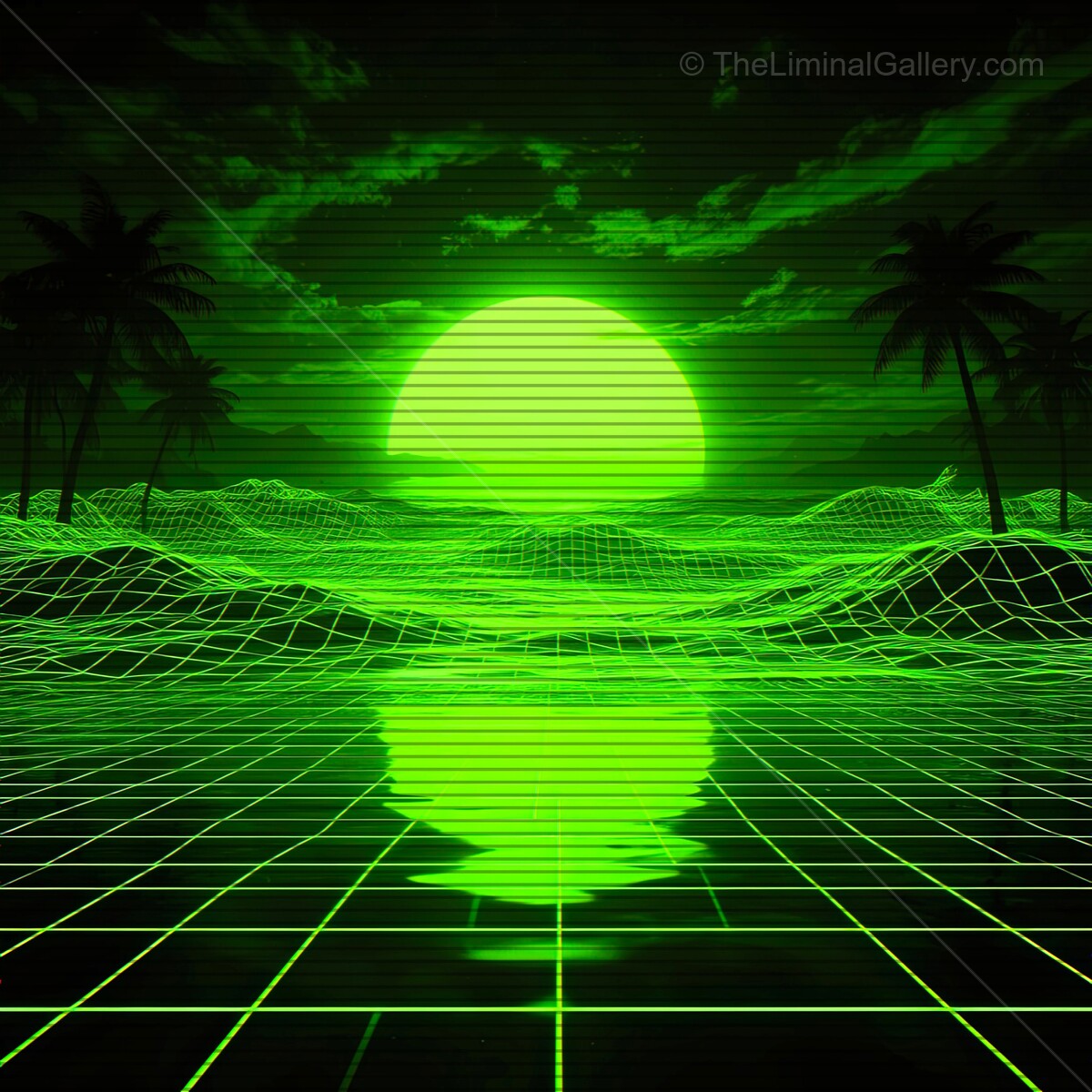 Energizing neon horizons with synthwave vibes under a glowing green sun at dusk