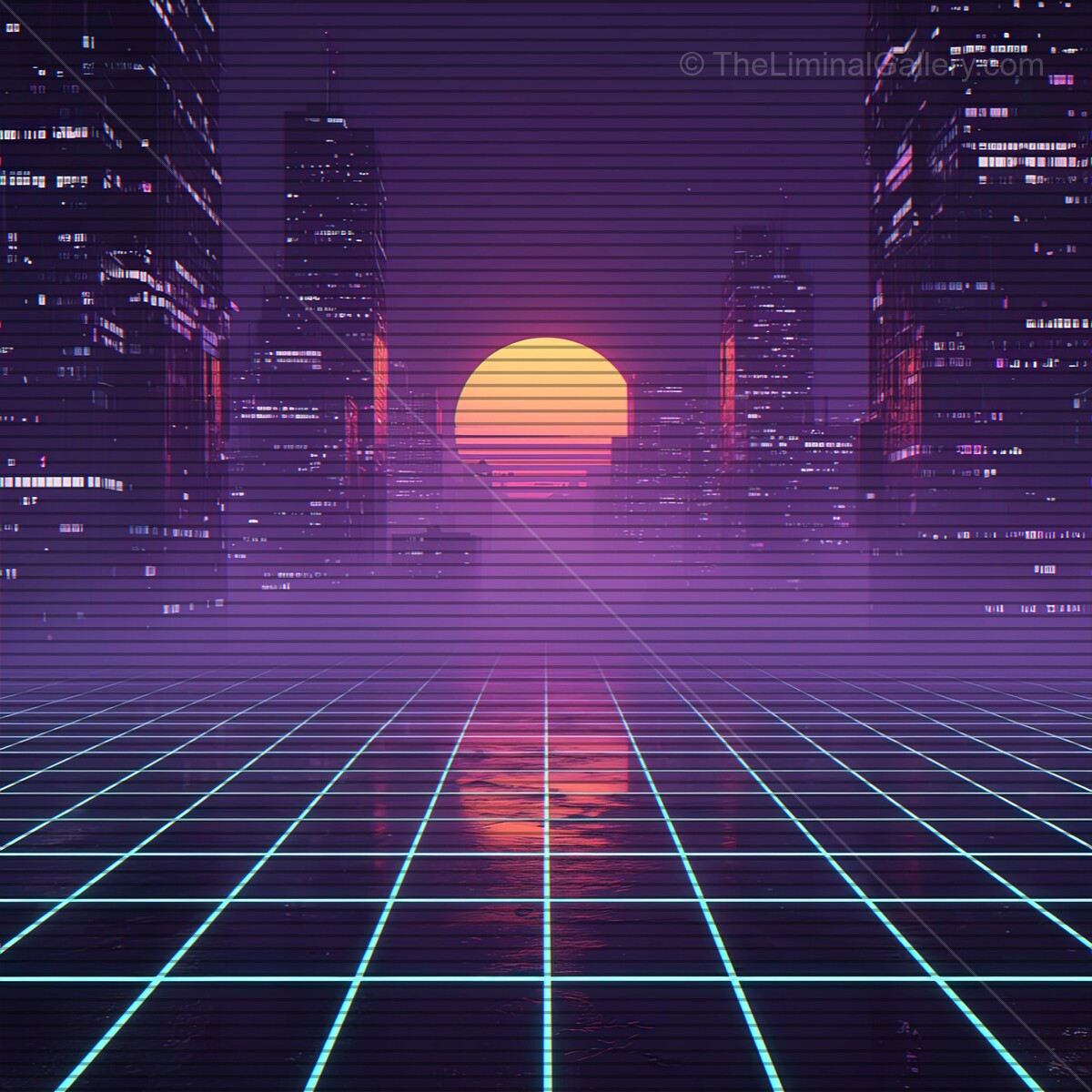 Sunset over a digital cityscape with retro-futuristic vibes and vibrant neon reflections